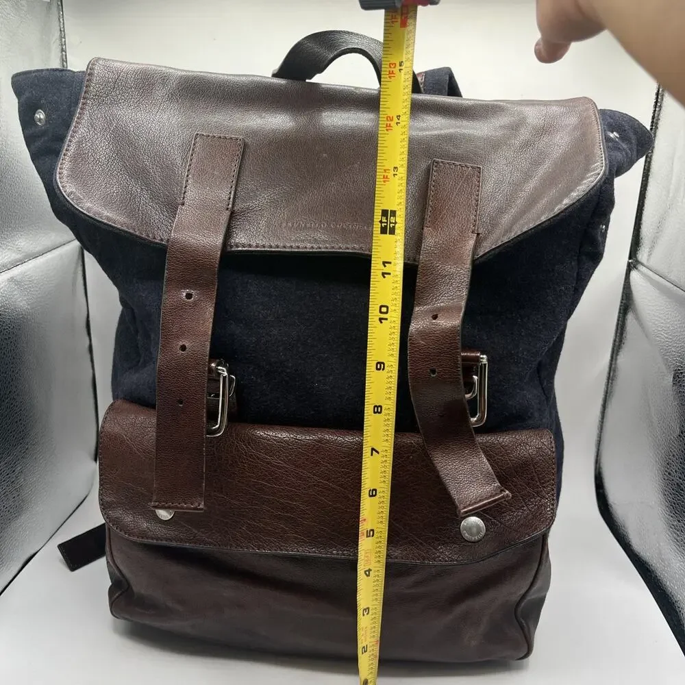 Brunello Cucinelli travel backpack Brown Leather Blue Wool Vintage Italy Rare